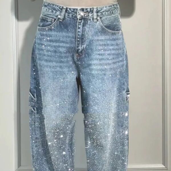 Ins Shiny Straight Jeans With Pockets Fashion Loose Wide-leg Pants For Women Street-style Trousers - Image 6