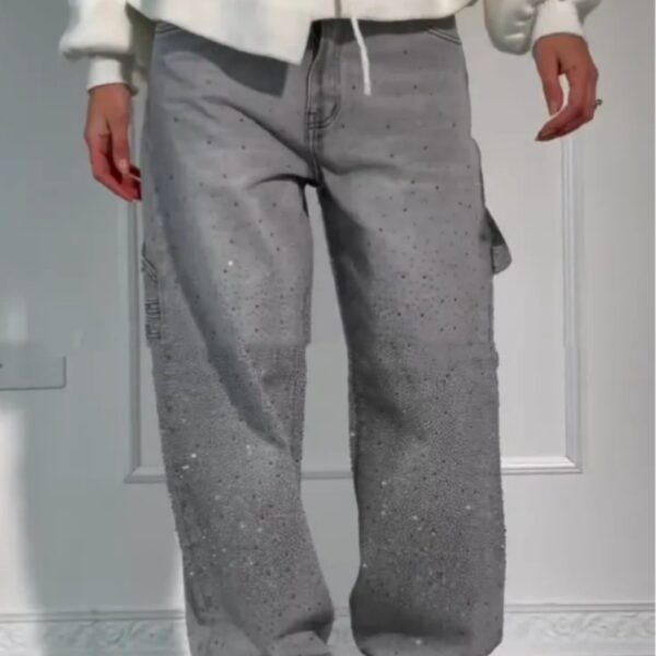 Ins Shiny Straight Jeans With Pockets Fashion Loose Wide-leg Pants For Women Street-style Trousers - Image 2