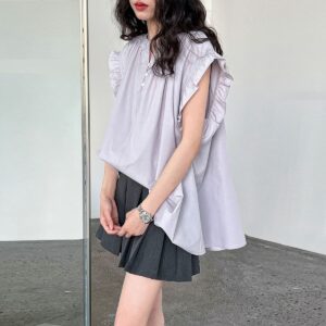 Casual Lace Ruffle Sleeve Shirt Top V-neck Buttons Pleated