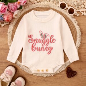 Children's Romper Easter Rabbit Ear Letter Embroidery Round Neck Long Sleeve Sweater