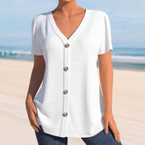 European And American Solid Color Buttons V-neck Short Sleeve Loose Casual Top