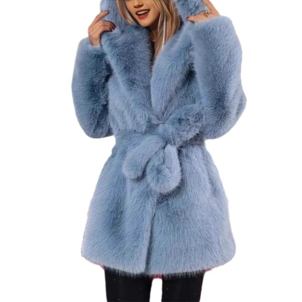 Autumn And Winter Elegant Hooded Strap Faux Fur Coat Women - Image 4
