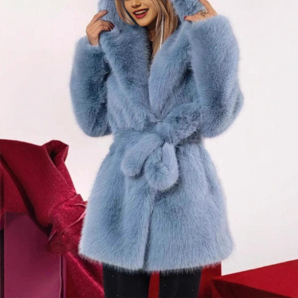 Autumn And Winter Elegant Hooded Strap Faux Fur Coat Women - Image 6